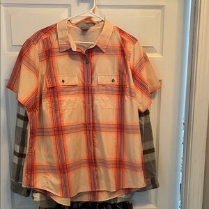 Eddie Bauer Women's Red and Cream Plaid Blouse